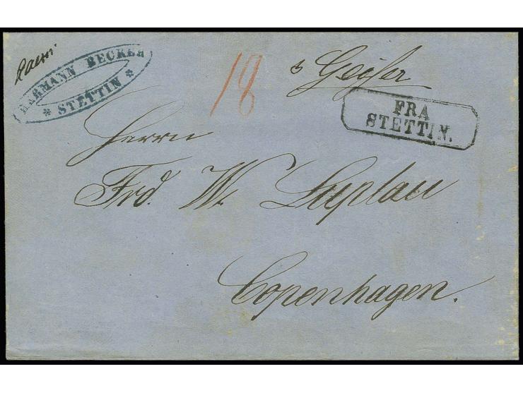 1859, "p.Geiser", hds. Vermerk auf kpl. Faltbrief aus Stettin mit Ra2 "FRA STETTIN" in schwarz und Taxe "18" nach Kopenhagen,
