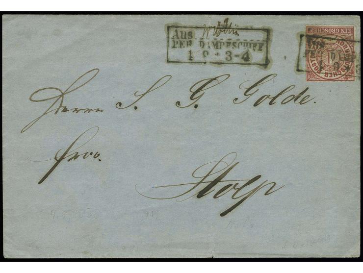1870 (ca.), "AUS..(Wollin)..PER DAMPFSCHIFF 1.9.", Ra3 als Entwerter und nebengesetztem 2. Abschlag auf Faltbriefhülle mit ND