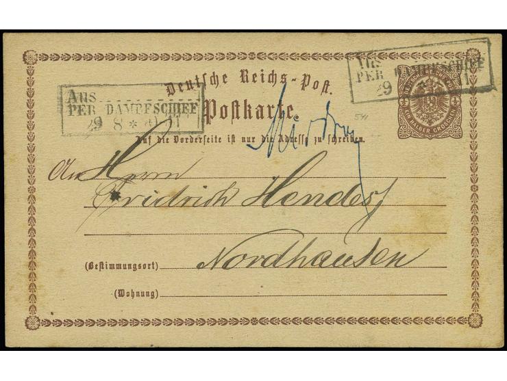 1873, "AUS...PER DAMPFSCHIFF 28.8.", Ra2 zweimal klar mit hds. Aufgabevermerk "Misdroy" auf Ganzsachenkarte 1/2 Gr. mit viel 