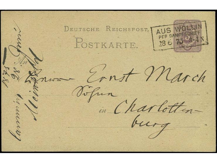 1875, "AUS WOLLIN PER DAMPFSCHIFF 28.6.75", Ra3 klar als Entwerter auf Ganzsachenkarte 5 Pfge mit Text nach Charlottenburg mi