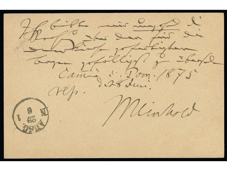 1875, "AUS WOLLIN PER DAMPFSCHIFF 28.6.75", Ra3 klar als Entwerter auf Ganzsachenkarte 5 Pfge mit Text nach Charlottenburg mi