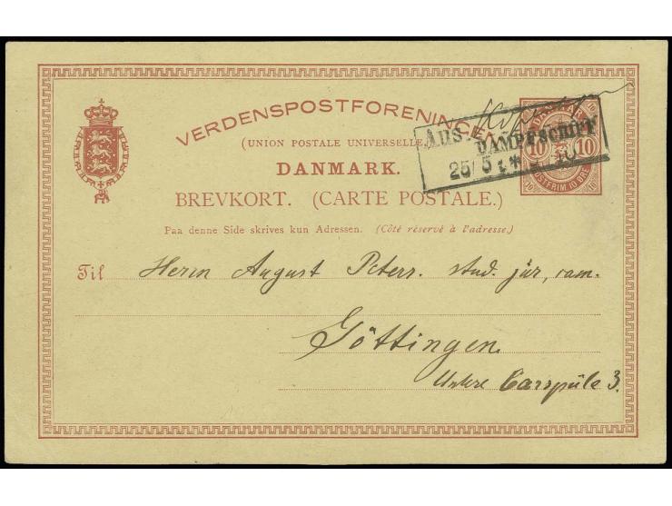 1885 (ca.), "AUS...DAMPFSCHIFF 25.5.", Ra3 klar mit hds. Vermerk "Kopenhagen" auf Dänemark Ganzsachenkarte 10 Öre mit viel Te