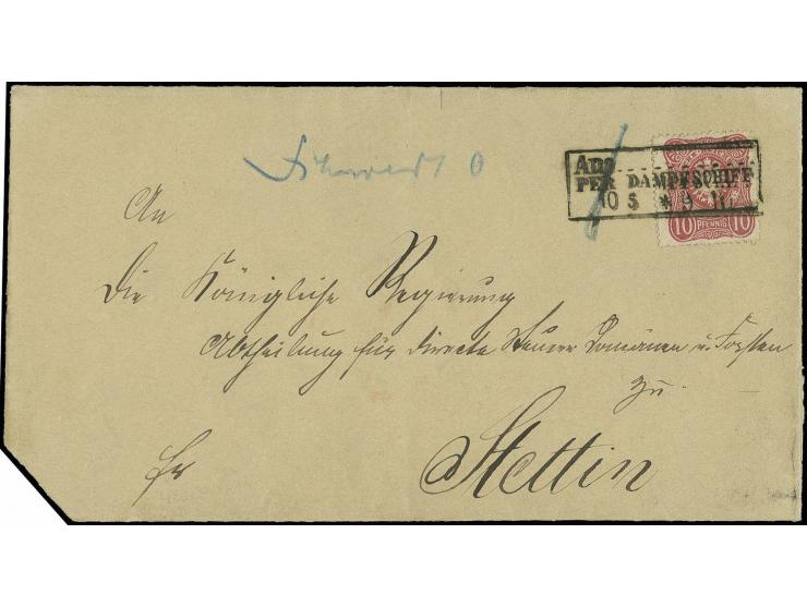 1886, "AUS...PER DAMPFSCHIFF 10.5.", Ra3 klar als Entwerter mit hds. Aufgabevermerk "Schwedt" auf kpl. Faltbrief mit 10 Pfg. 