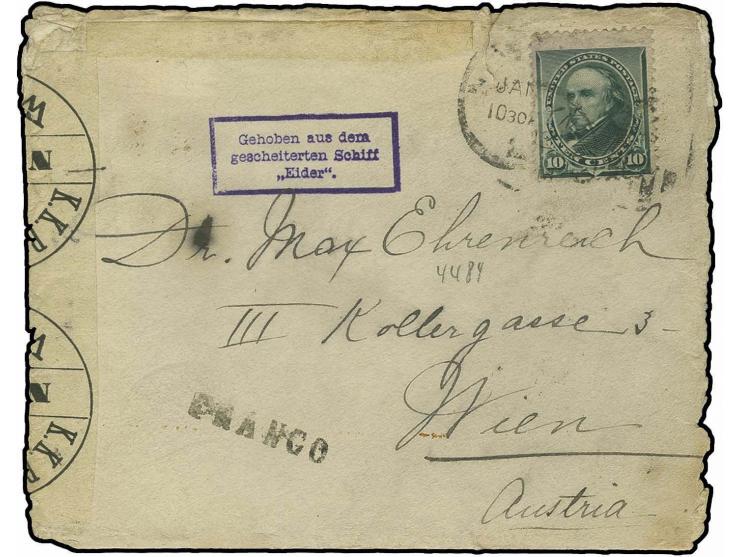 1892, "Gehoben aus dem gescheiterten Schiff Eider", violeter Ra3 klar auf Brief aus der USA mit kpl. Inhalt nach Wien, rückse