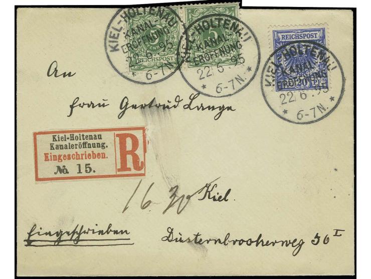 1895, "KIEL-HOLTENAU KANAL-ERÖFFNUNG 22.6.95", drei klare Abschläge auf R-Brief mit Deutsches Reich Krone/Adler 20 Pfg. und w