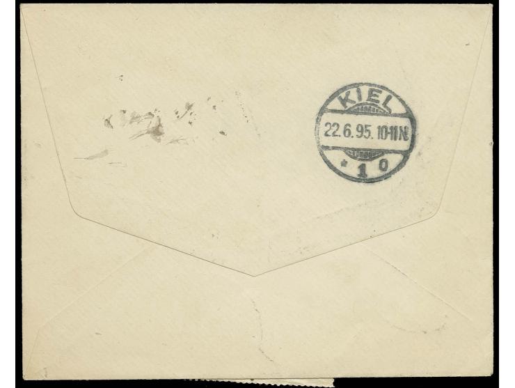 1895, "KIEL-HOLTENAU KANAL-ERÖFFNUNG 22.6.95", drei klare Abschläge auf R-Brief mit Deutsches Reich Krone/Adler 20 Pfg. und w