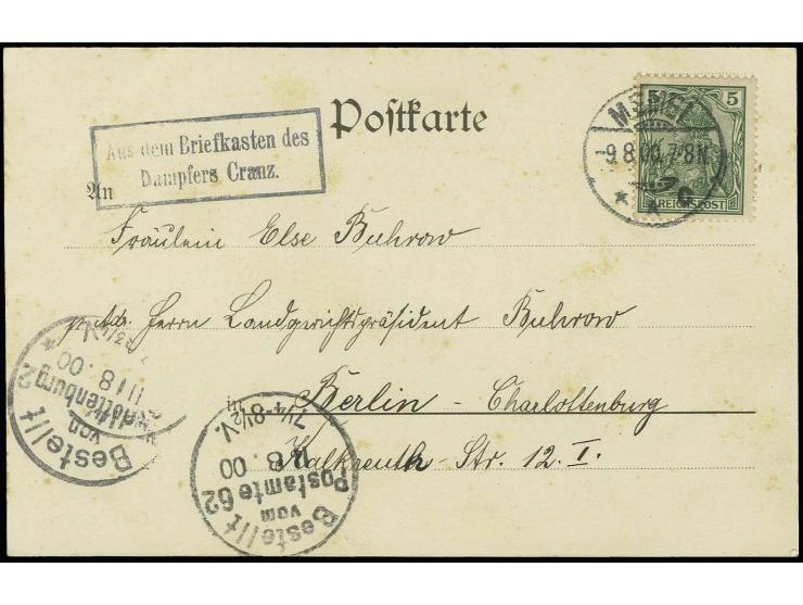 1900, "Aus dem Briefkasten des Dampfers Cranz", schwarzer Ra2 als Nebenstempel auf Ansichtskarte (Schwarzort - Villenstrasse)