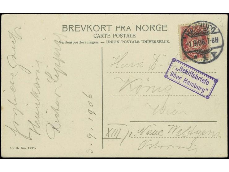 1906, "Schiffsbriefe über Hamburg", violetter Ra2 glasklar als Nebenstempel auf Ansichtskarte mit Norwegen Freimarke 10 Öre k