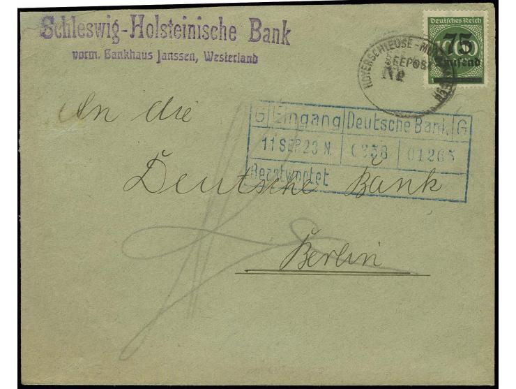 1923, "HOYERSCHLEUSE-MUNKMARSCH SEEPOST No", aptierter Stempel klar als Entwerter auf Bankenbrief mit Deutsches Reich Freimar
