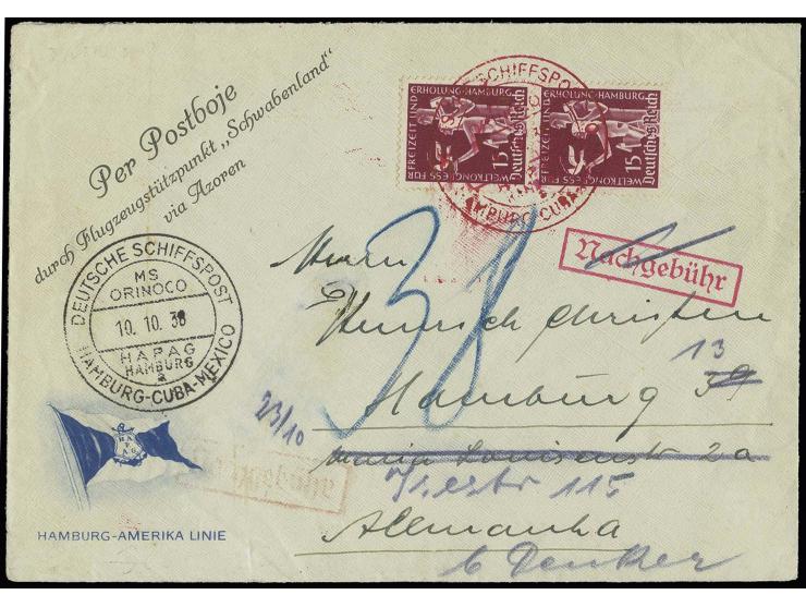 1938, "DSP HAMBURG-CUBA-MEXIKO MS ORINOCO 10.10.38", zwei Abschläge in schwarz und rot auf unterfrankiertem Vordruckbrief "Pe