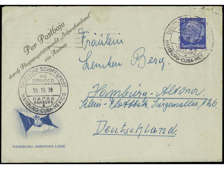 1938, "DSP HAMBURG-CUBA-MEXIKO MS ORINOCO 10.10.38", zwei Abschläge in schwarz auf Vordruckbrief "Per Postboje durch Flugzeug