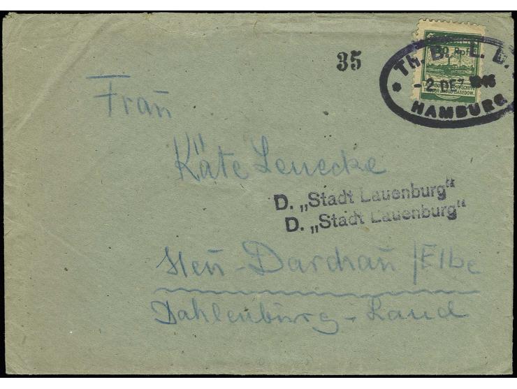 1946, Lauenburger Dampschiffe Theodor u. Hugo Basedow 40 Pfg. Frachtmarke mit ovalem Schiffsstempel "HAMBURG Th.B.-L.D. 2.DEZ