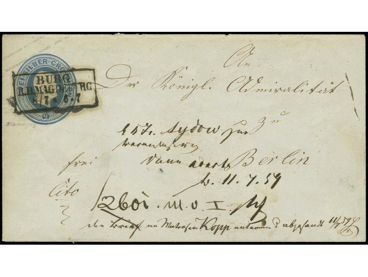 1859, Preußen-Ganzsachenumschlag 2 Sgr. mit Ra3 "BURG / R.B.MAGDEBURG / 8/7" als Marineschiffspost-Brief an die königliche Ad