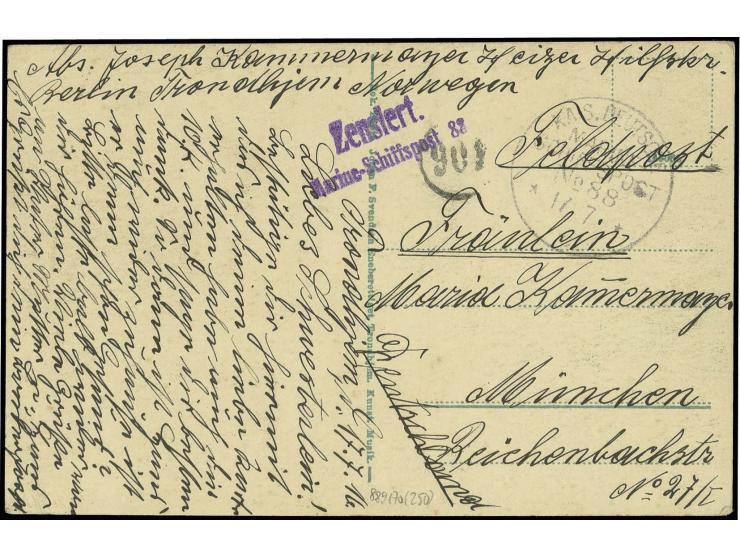 1915/1917, Interniertenpost des Hilfskreuzer Berlin, 4 Postkarten aus einer Korrespondenz mit verschiedenen Stempel-Kombinati