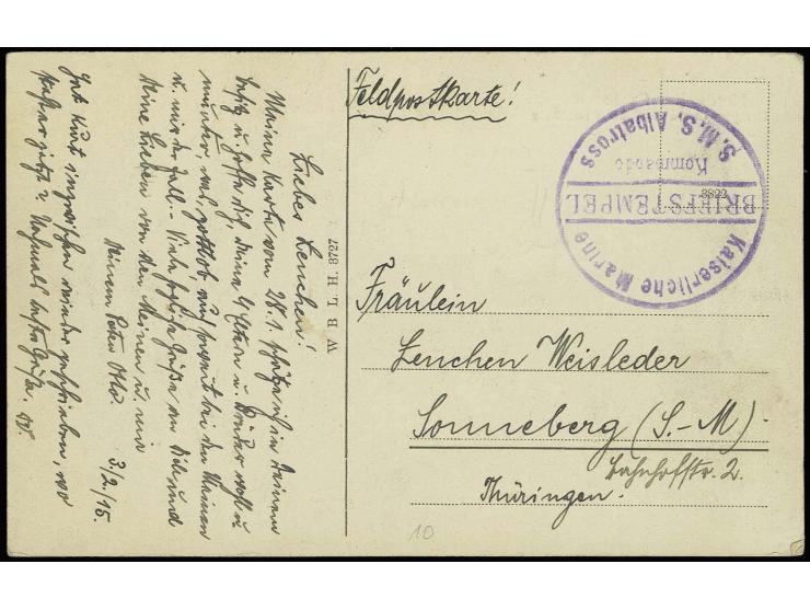 1915/1916, S.M.S. Albatross, 3 verschiedene Feldpost- bzw. Kriegsgefangenenpost-Belege mit u.a. Feldpostkarte mit Briefstempe