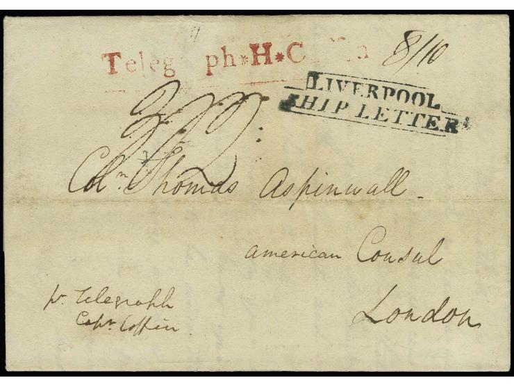 1816, "Telegraph*H*Coffin*, recht klar in rot auf komplettem Faltbrief aus Boston mit entsprechendem Leitvermerk und schwarze