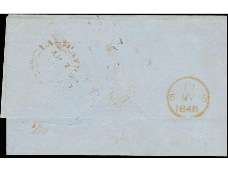 1848, "p.W.I.Steamer", hds. Vermerk auf kpl. Faltbrief aus "LA GUAYRA AP.7." (Venezuela, roter DKr. rückseitig) via London mi