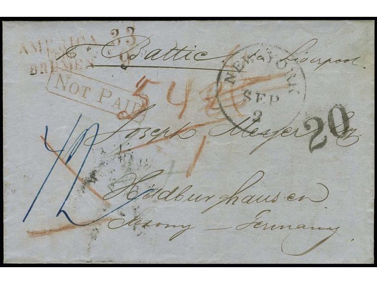 1851, "p. Baltic via Liverpool", hds. Leitvermerk auf Briefhülle von "NEW YORK SEP.2." mit rotem Ra1 "NOT PAID" und verschied