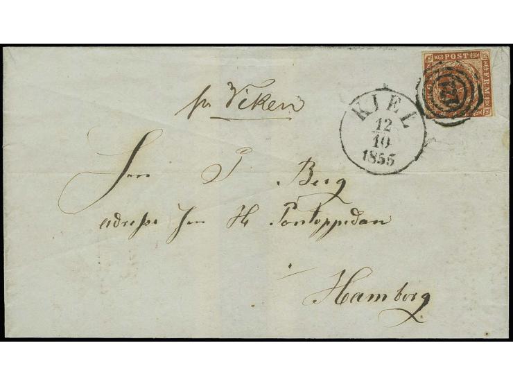 1855, "pr. Viken" (norwegisches Postdampschiff), hds. Vermerk auf Faltbriefhülle aus Friedrikshaven mit Dänemark 4 S. rotbrau