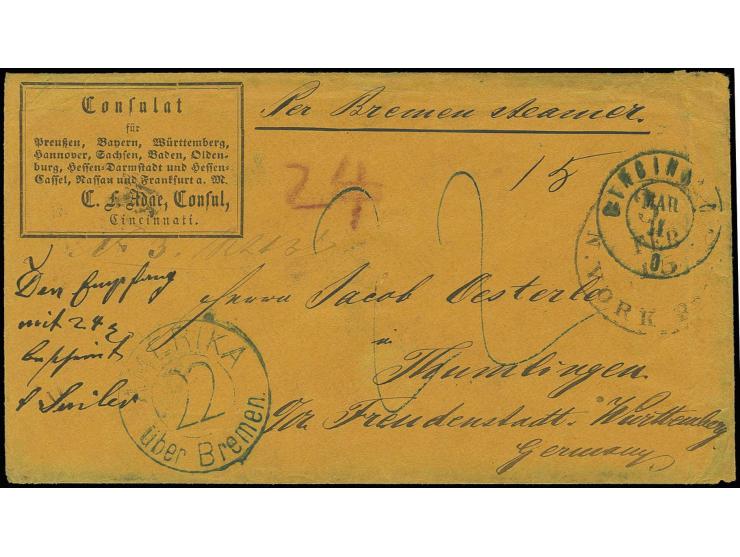 1862, "Per Bremen Steamer", hds. Leitvermerk auf orangem Vordruckbrief "Consulat für Preußen...." mit blauem DKr. "CINSINNATI