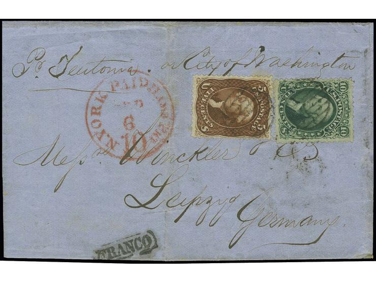 1862, "pr. Teutonia or City of Washington", hds. Leitvermerk auf Briefhülle mit 5 C. rotbraun und 10 C. grün je mit Grid-Stem