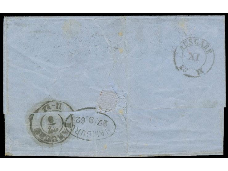 1862, "pr. Teutonia or City of Washington", hds. Leitvermerk auf Briefhülle mit 5 C. rotbraun und 10 C. grün je mit Grid-Stem