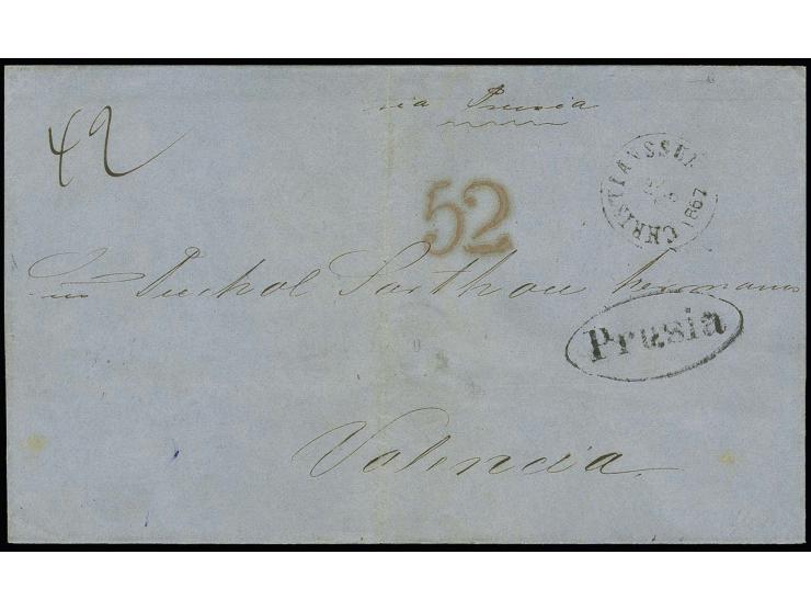 1867, "SANDOSUND 21.5.1867", schwarzer EKr. rückseitig auf Faltbriefhülle von "CHRISTIANSUND 18.5.1867" via Hamburg mit ovale