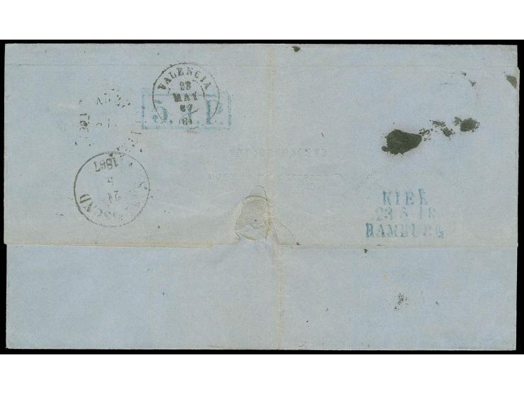 1867, "SANDOSUND 21.5.1867", schwarzer EKr. rückseitig auf Faltbriefhülle von "CHRISTIANSUND 18.5.1867" via Hamburg mit ovale