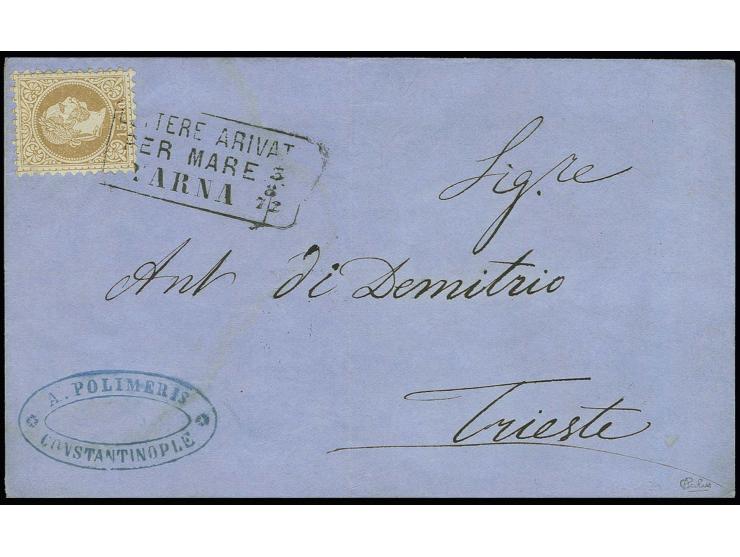 1872, "LETTERE ARIVATE PER MARE VARNA" 3,8.72", Ra3 recht klar als Entwerter auf Briefhülle mit Franz Joseph I. 15 So. braun 