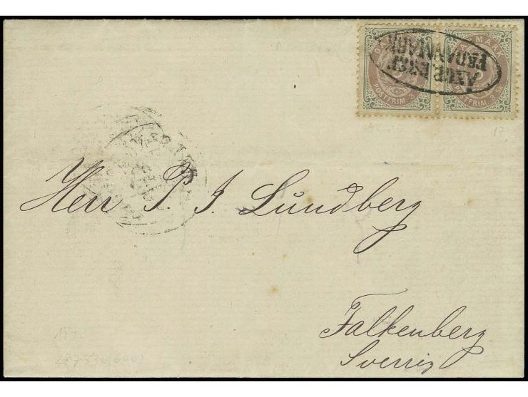 1872, "ANGB.BREF FR.DANMARK", ovaler EKr. als Entwerter auf kpl. Faltbrief 1872 aus Kopenhagen mit waagerechtem Paar Dänemark