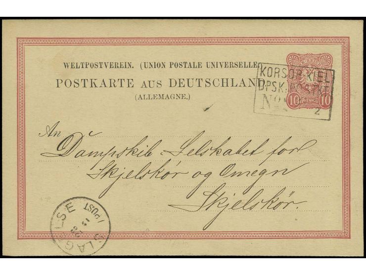 1883, "KORSOR-KIEL DPSK POSTKT. No.2 28.2.", Ra3 als Entwerter auf Deutsches Reich Ganzsachenkarte 10 Pfg. mit Datierung aus 