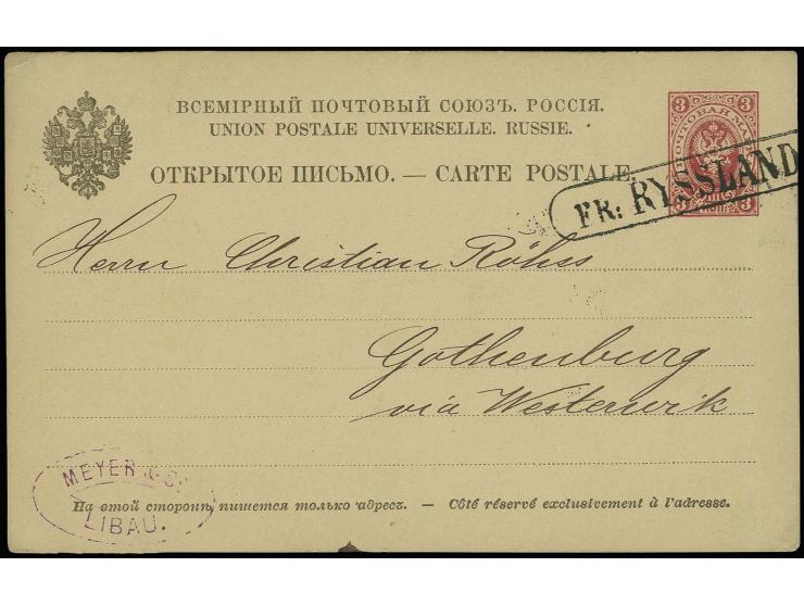 1887, "FR:RYSSLAND", Ra2 klar als Entwerter auf Russland Ganzsachenkarte 3 K. mit Absender-Stempel aus Libau und rückseitigem