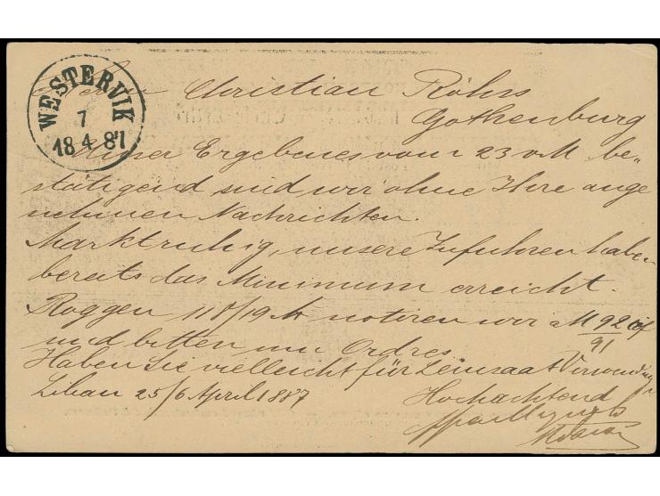 1887, "FR:RYSSLAND", Ra2 klar als Entwerter auf Russland Ganzsachenkarte 3 K. mit Absender-Stempel aus Libau und rückseitigem
