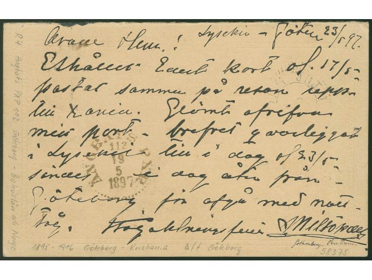 1897, "ANGBATS PXP 112 19.5.1897", schwedischer Schiffspost-Stempel (Linie Göteborg - Christiania), zweimal klar als Entwerte