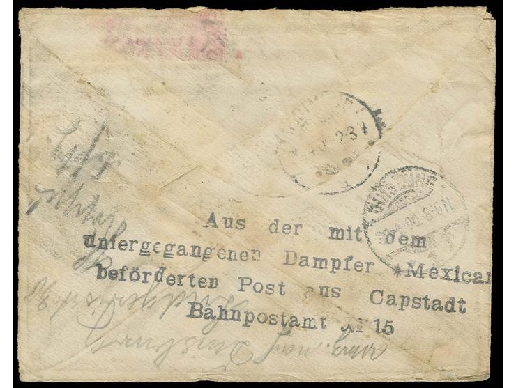 1900, "Aus der mit dem untergegangenen Dampfer *Mexican*....Bahnpostamt No.15", schwarzer L4 rückseitig auf Brief aus "CONCOR