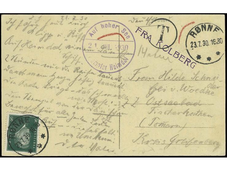 1930, "FRA KOLBERG", violetter L1 klar auf unterfrankierter Ansichtskarte mit D. Reich Reichspräsidenten mit Stempel "RONNE 2