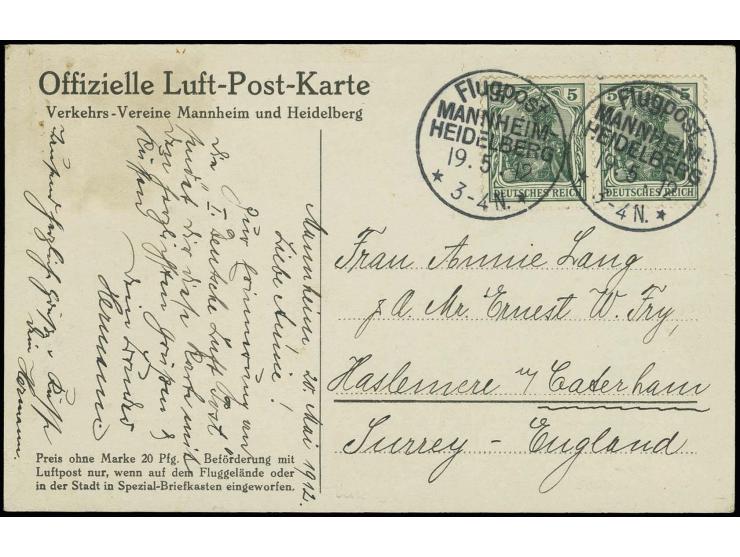 1912, "Flugpost MANHEIM-HEIDELBERG 19.5.12", 2 saubere Abschläge auf Karte nach England