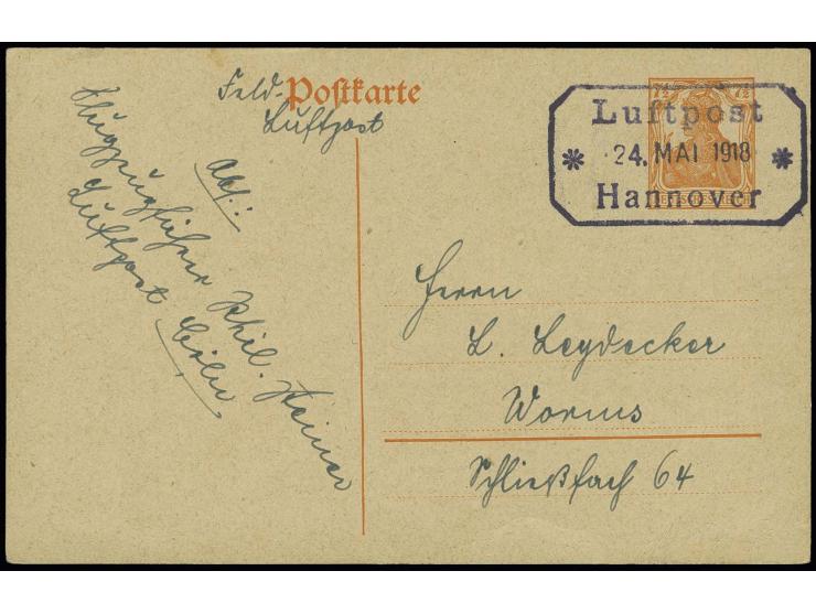 1918, "Luftpost 24.Mai.1918 Hannover", Flugpost-Stempel der Flieger-Kurierlinie klar auf 7 1/2 Pfg. Ganzsachenkarte mit Text 