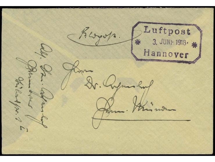1918, "Luftpost 3.Juni.1918 Hannover", Flugpost-Stempel der Flieger-Kurierlinie klar auf Feldpostbrief mit kpl. Absender nach