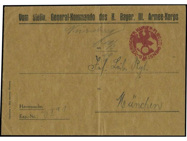1919, "BAYRISCHER KURIER-FLIEGER-DIENST", roter Stempel der Fluglinie "München-Nürnberg-Würzburg" auf Heeressache-Vordruckbri
