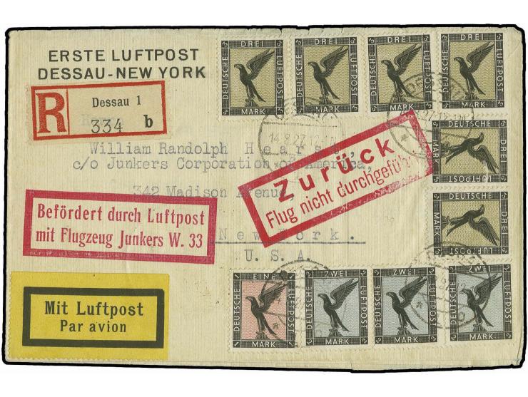 1927, Dessau - New York 14.8.27, Junkers-Versuchsflug, R-Vordruckfaltbrief der Junkers-Werke mit guter Frankatur (2 Werte Zah