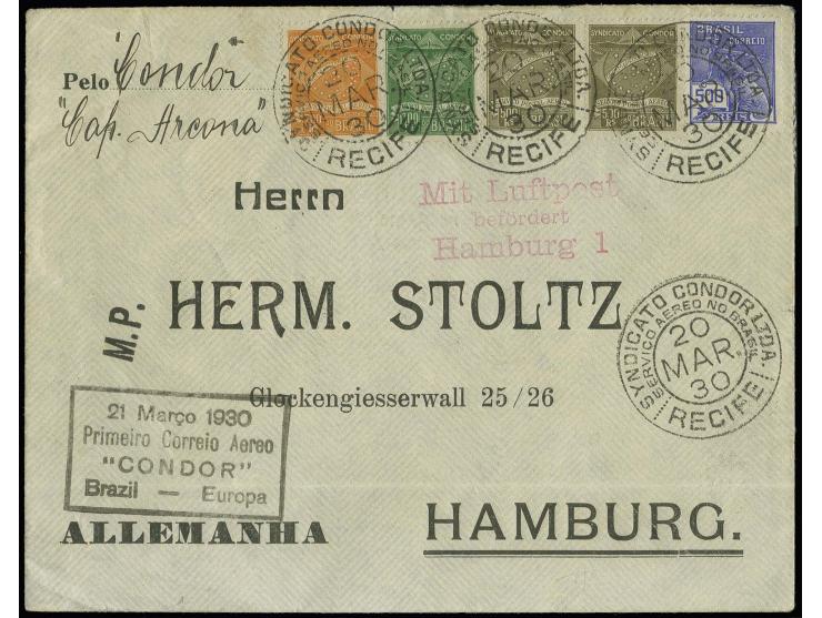 BRASILIEN: 1930, CAP ARCONA - Erstflug Condor Brasilien - Europa 31.3., Brief mit Flugpost-Stempel "RECIFE 20.MAR.30." und mi