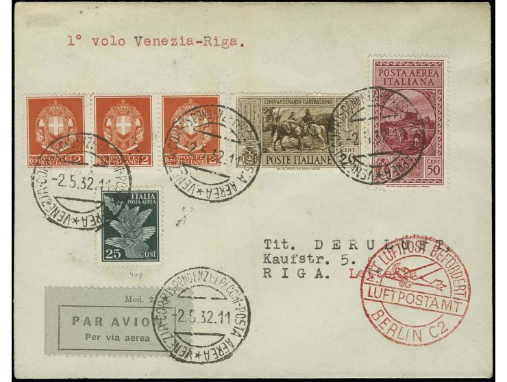 ITALIEN: 1932, Erstflug Venedig-Riga, frankierter Luftpostbrief mit Durchgangsstempel von Berlin und Ankunftsstempel von Riga