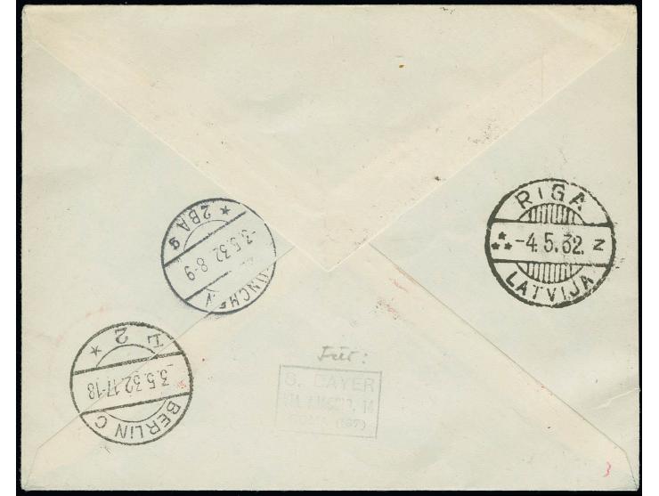 ITALIEN: 1932, Erstflug Venedig-Riga, frankierter Luftpostbrief mit Durchgangsstempel von Berlin und Ankunftsstempel von Riga