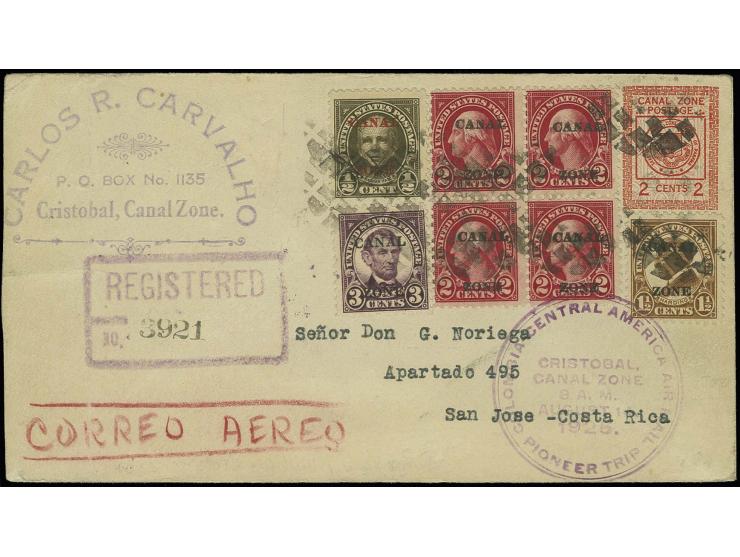 KANALZONE: 1925, SCADTA-Erstflug "Cristobal - San Jose 14.8.", Ganzsachenumschlag 2 C. mit Zufrankatur als R-Brief mit Ankunf