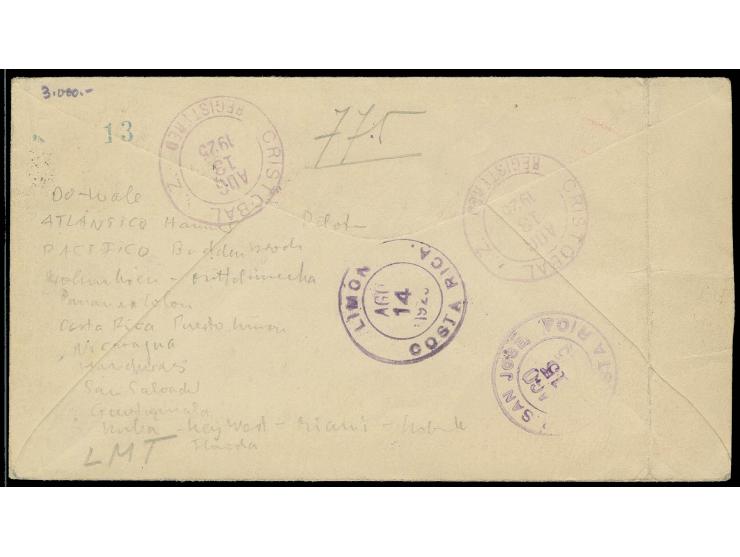 KANALZONE: 1925, SCADTA-Erstflug "Cristobal - San Jose 14.8.", Ganzsachenumschlag 2 C. mit Zufrankatur als R-Brief mit Ankunf