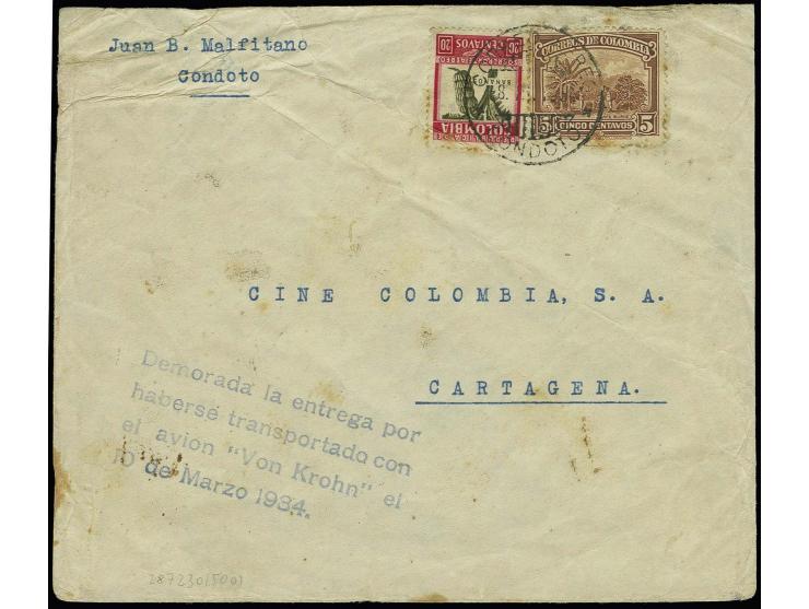 KOLUMBIEN: 1934, violetter L4 "Demorada la entrega por....Von Krohn el 10 de Marzo 1934" auf frankiertem Luftpostbrief von "C