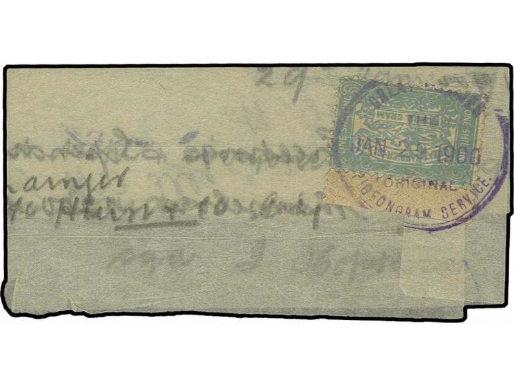 NEUSEELAND: 1900, "GREAT BARRIER THE ORIGINAL PIGEONGRAM SERVICE JAN 29 1900" auf 4. Ausgabe 1 Sch. blaugrün auf Originalform