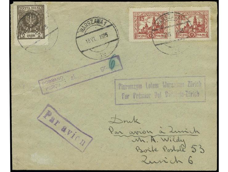 POLEN: 1925, Erstflug Warschau-Paris 16.6., Brief bis Zürich mit jeweils violettem Bestätigungs-Ra2 sowie Ra. "Par avion" sow