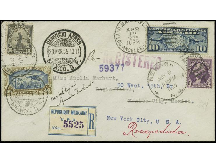 VEREINIGTE STAATEN: 1935, Amelia Earhart-Rekordflug, R-Brief Los Angeles-Mexico City-New York mit 2-Länder-Frankatur und eige